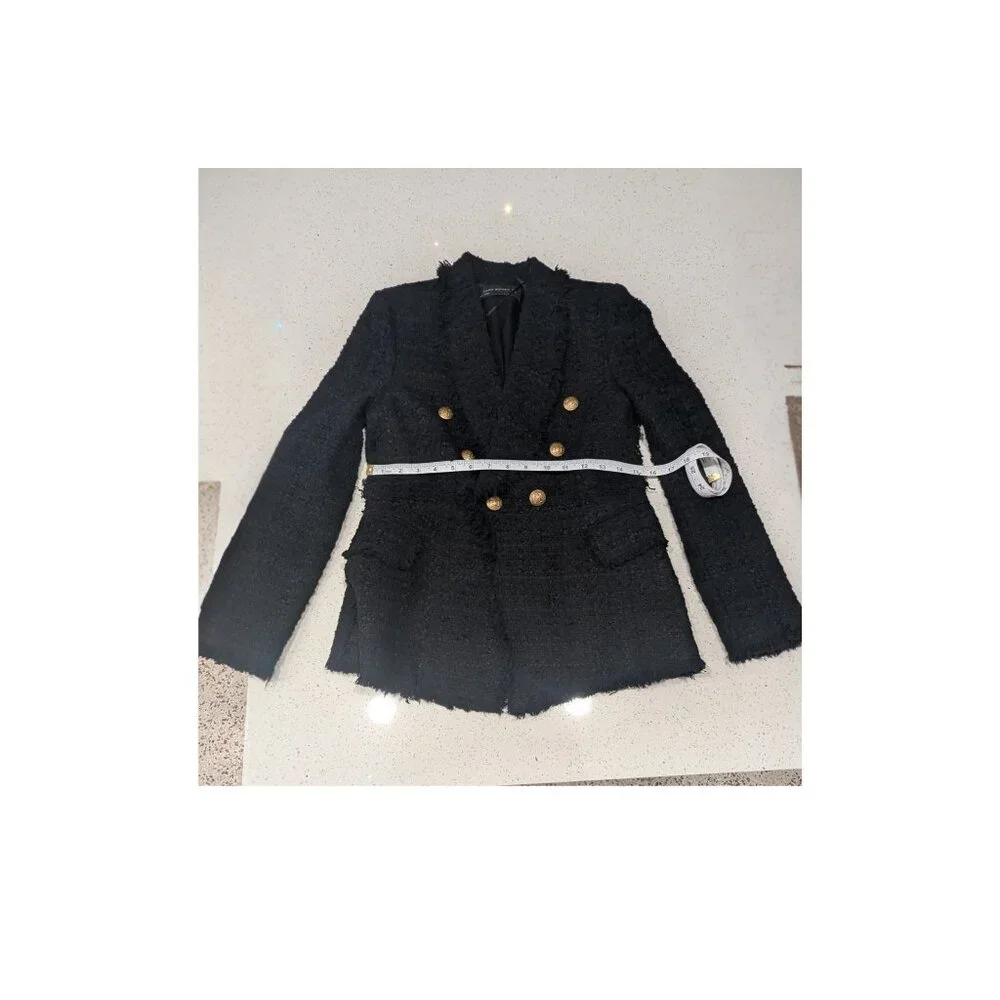 ZARA Woman Black Bouclé Tweed Double-Breasted Blazer Size S Gold Buttons - Picture 5 of 8